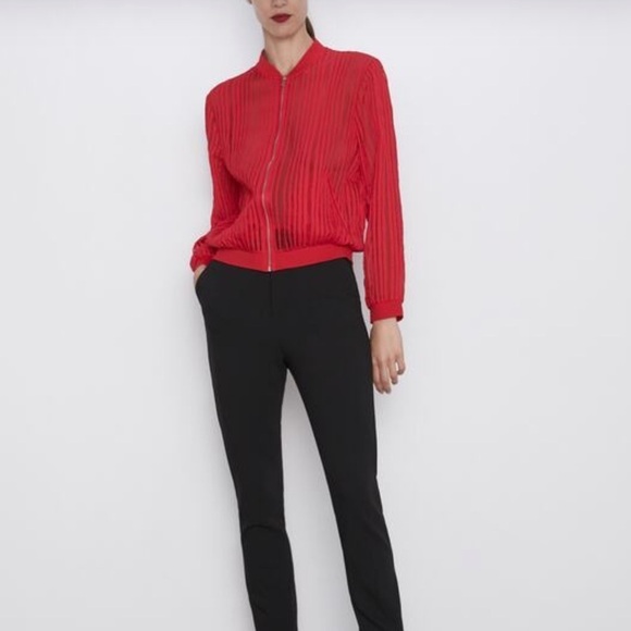 ZARA RED STRIPED ORGANZA BOMBER JACKET SIZE XS - Picture 4 of 12